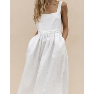 POSSE Backless Midi Linen Dress in White Size S Overall Style Pockets